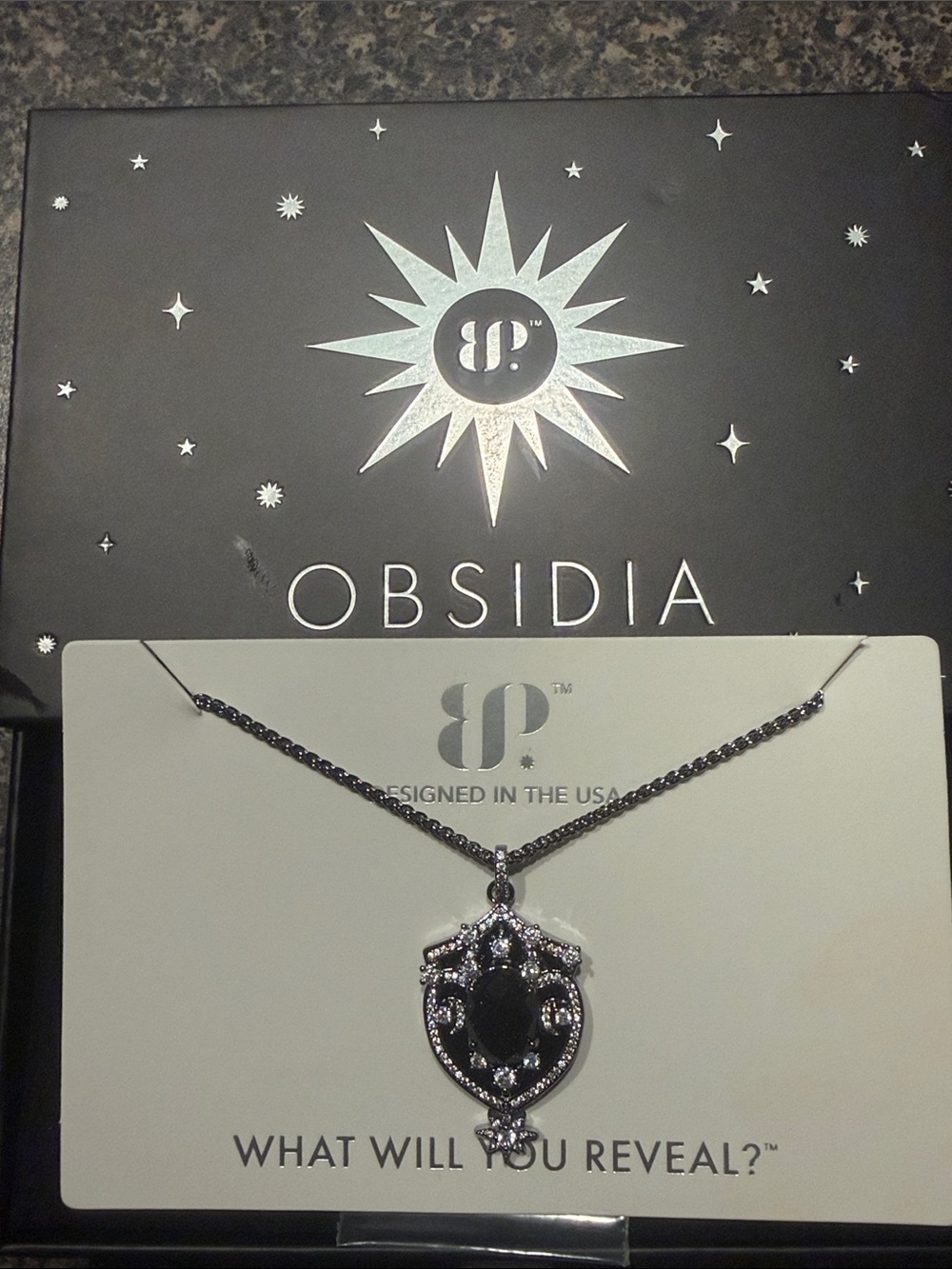 Bomb party obsidia necklace “ the cosmic Society crest”